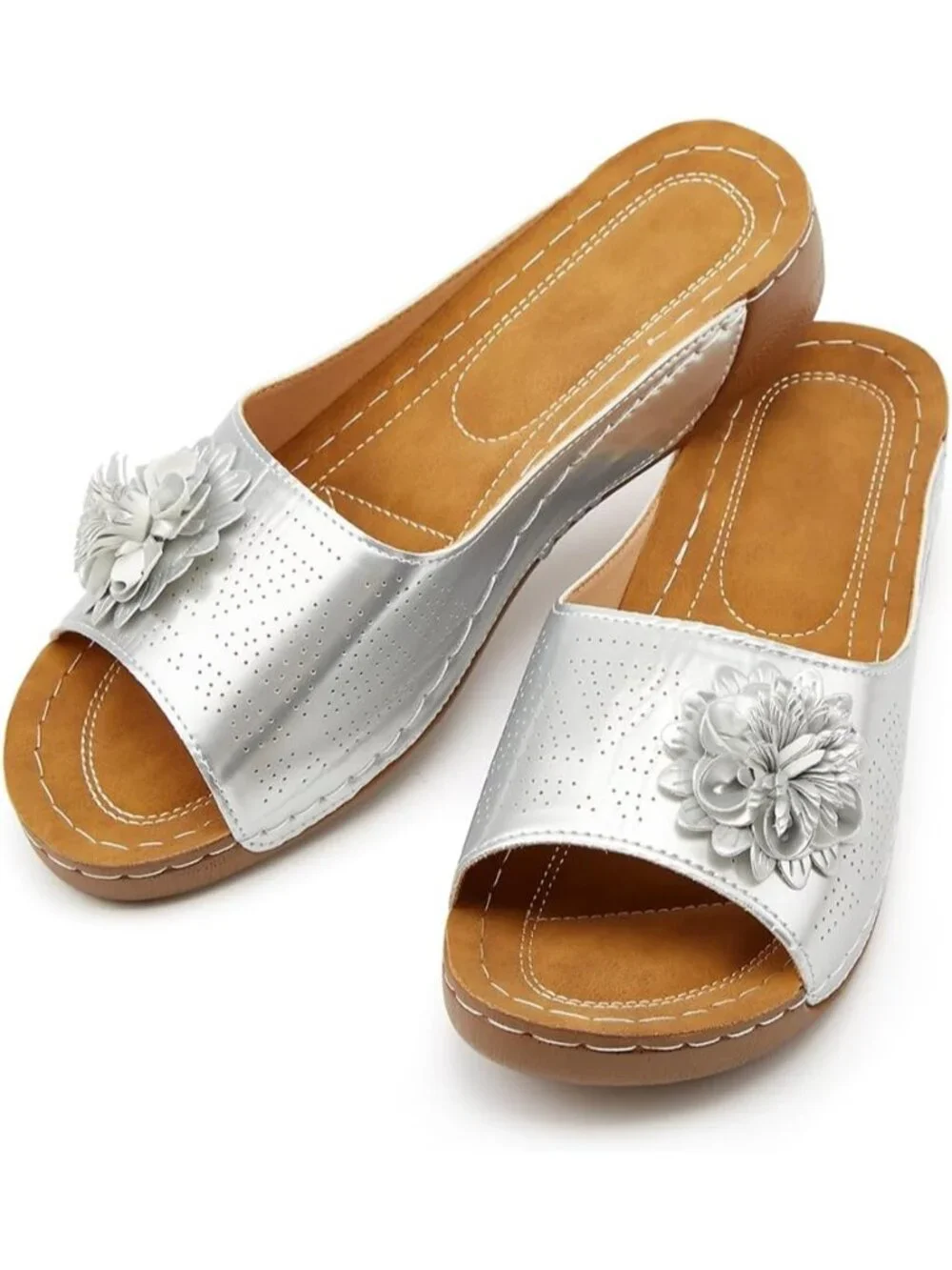 Women's Silver Faux Leather Summer Wedge Low Open Toe Slide Dressy Flower Sandal